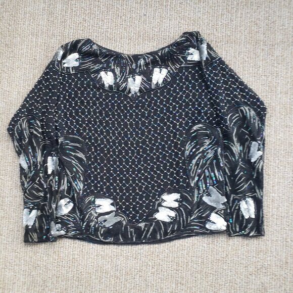 Heavily Beaded Sequined Silk Blouse Women's Small Black - Picture 3 of 16